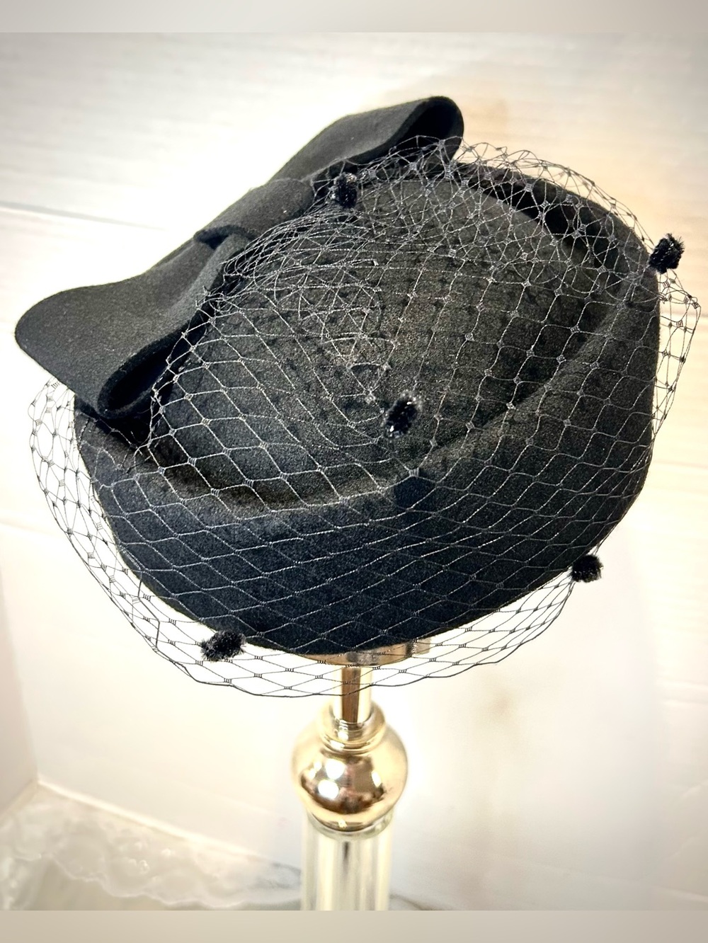 1960s Black Pillbox Hat with bow & Netted Veil Retro Goth Film Noir Femme Fatale
